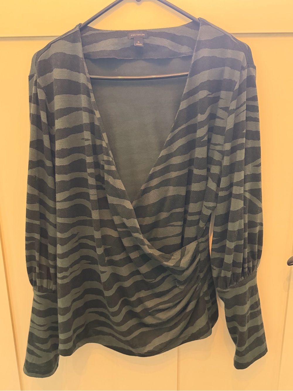 Ann Taylor Teal and Black Zebra-Stripe Wrap Blouse
